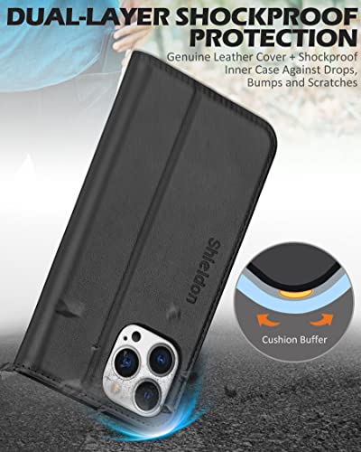 SHIELDON Genuine Leather Wallet Case for iPhone 13 Pro 6.1" 2021, Black | Magnetic Closure, RFID Blocking, Credit Card Holder, Kickstand, Folio Book Design, Shockproof Phone Cover - color: Black