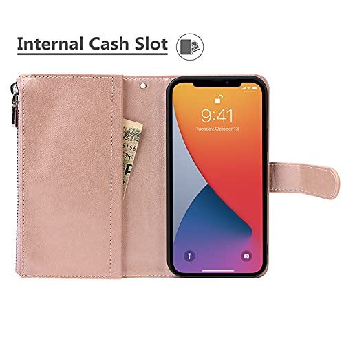 iCoverCase Compatible with iPhone 13 Wallet Phone Case with Card Holder, PU Leather Zipper Pocket Magnetic Detachable Flip Case with Wrist Strap (Rose Gold) - color: Detachable--Rose Gold