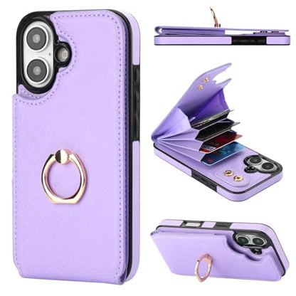 Folosu Compatible with iPhone 16 Case Wallet with Card Holder, 360°Rotation Finger Ring Holder Kickstand, RFID Blocking Leather Protective Double Buttons Shockproof Cover 6.1 Inch Purple - color: Purple