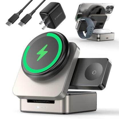 ZEEHOO 3-in-1 Foldable Magnetic Wireless Charging Station, 15W Travel Charger Stand Dock Wireless Charger for iPhone 17/16/15/14/13/12 Series, Apple Watch, AirPods (30W Adapter Included) - color: Gold
