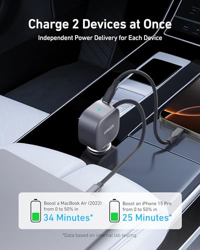 Anker 75W Fast Charging USB C Car Charger with Retractable Built-in Cable