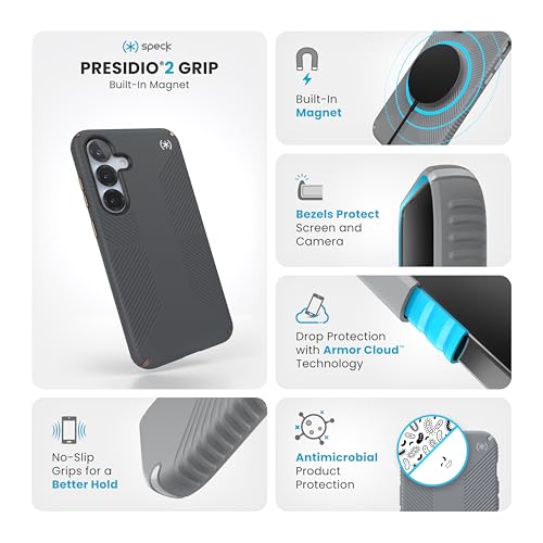 Speck Samsung Galaxy S25 Plus Case - Magnet Case, 13-Foot Drop Protection, No-Slip Grips - Samsung S25 Plus Case Magsafe - Raised Bezel and Enhanced Buttons - Presidio 2 Grip(Pack of 1) - color: Charcoal Grey/Cool Bronze, size: Galaxy S25+