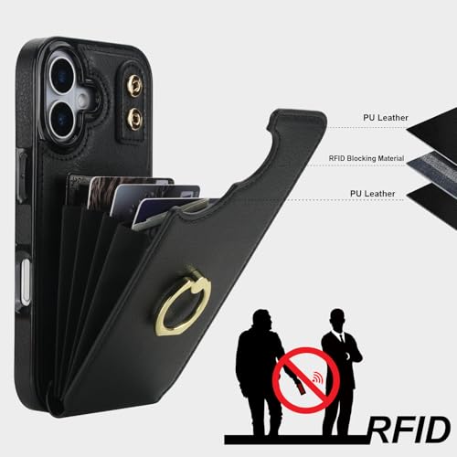 Folosu for iPhone 17 Case Wallet with Card Holder, Finger Ring Cover Black - color: Black