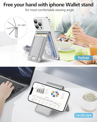 for MagSafe Wallet with Adjustable Stand, 9 Card Holder, Open ID Window - color: Silver Carbon Fiber