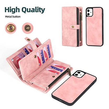TwoHead for iPhone 11 Wallet case with 11 Card Holder (Pink) | Detachable Magnetic Phone Case, PU Leather Wallet for Women/Men,Wireless Charging Compatible,with Wrist Strap - color: Pink