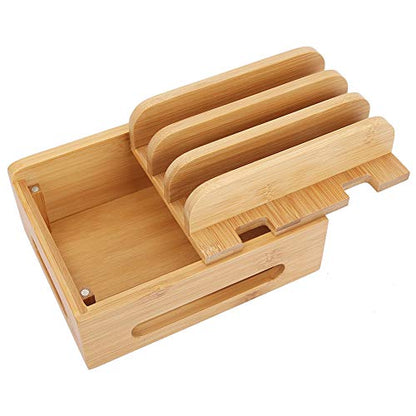 Oumefar Bamboo Multi-Device Stand Holder Charging Station Phone Tablet Charger Organizer 4 in 1 Charging Station for Multiple Devices for Meeting Rooms Restaurants Hotels and Homes