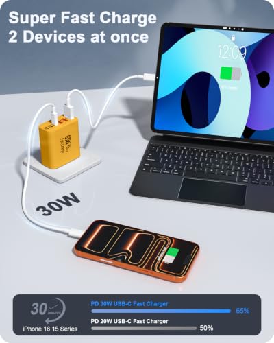 2-Pack 65W USB C Charger Block, 6-Port Fast Wall Charging Block [3 PD USB-C & 3 QC USB-A] for iPhone 17 16 15 Pro Max, iPad Pro, Galaxy S26 S25, Pixel 10 9, iWatch,Google & More - color: Yellow
