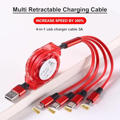 MJXIANG Retractable Multi Charging Cable 4 in 1, 3.3Ft 3A Fast Charger Cord