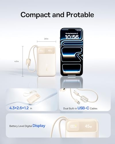 Baseus 20000mAh Compact Portable Charger 45W, CCC Certified Power Bank Built-in USB-C Cables, Travel Essential PD Fast Charging Battery Pack for iPhone 17/16 Series Galaxy S25/S24 Ultra Google iPad - color: Beige