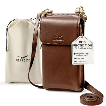 Crossbody Phone Purse for Women – RFID Phone Case Wallet w/Magnetic Closure & Separate Zipper Pocket Crossbody Bag - color: Dark Brown