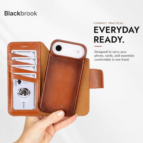BLACKBROOK Detachable Leather Wallet Case Compatible with iPhone Air | Full-grain detachable folio with RFID blocking, 3 card slots, ID window, built-in kickstand, wireless charging, handcrafted. - color: Burnished Tan, size: iPhone 17 Air
