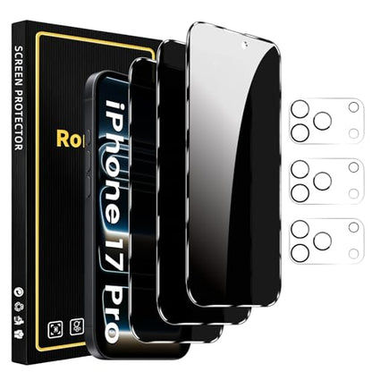 Romkasi 3 Pack Privacy Screen Protector for iPhone 17 Pro 6.3 Inch with 3 Pack Camera Lens Protector, Anti Spy Tempered Glass Film, Anti-Scratch, Touch Sensitive, Case Friendly - color: iPhone 17 Pro