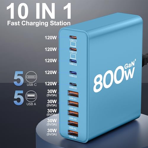 800W USB C Charger Block,10-Port Charging Station