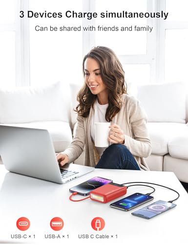 Nusyddy Portable Charger 27000mAh 22.5W w/Built-in Cable & LED Display Red - color: Red