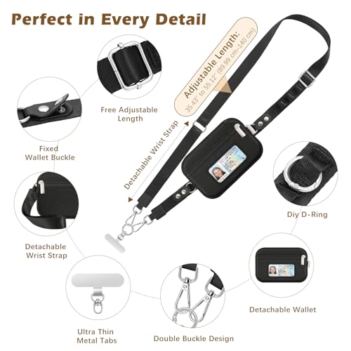 MoKo Adjustable Phone Crossbody Lanyard with Detachable RFID Wallet - color: Black