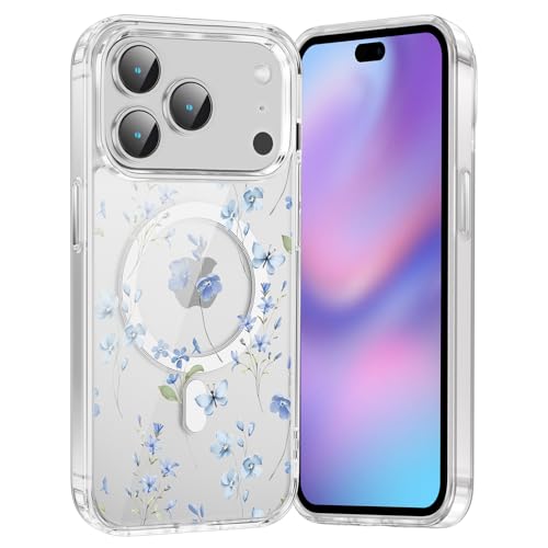 for iPhone 17 Pro Max Magnetic Case Cute Clear Flower Pattern Case, Aesthetic Spring Floral for Girls Women, Soft TPU Clear Slim Anti-Drop Shockproof Protective Phone Cover - Blue Branch Flower - color: Blue Branch Flower, size: iPhone 17 Pro Max