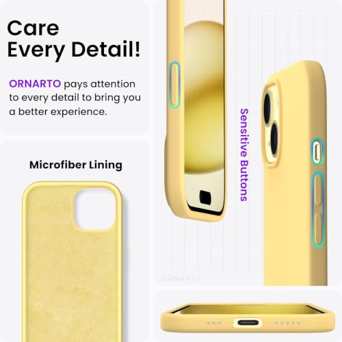 ORNARTO Compatible with iPhone 15 Case 6.1, Slim Liquid Silicone 3 Layers Full Covered Soft Gel Rubber Phone Case, Anti-Scratch Shockproof Protective Cover 6.1 Inch, Butter Yellow - color: Butter Yellow