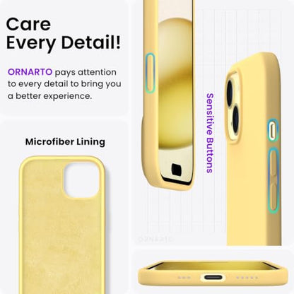 ORNARTO Compatible with iPhone 15 Case 6.1, Slim Liquid Silicone 3 Layers Full Covered Soft Gel Rubber Phone Case, Anti-Scratch Shockproof Protective Cover 6.1 Inch, Butter Yellow - color: Butter Yellow