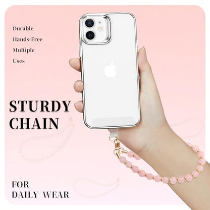 Phone Charm Wrist Strap Marble Beaded Chain Detachable Bracelet Lanyard Hand Wristlet Strap Fashion Accessories Finger Grip with 3 Tether Tab for Women Girl Universal for iPhone 16 Pro Max Rose Quartz