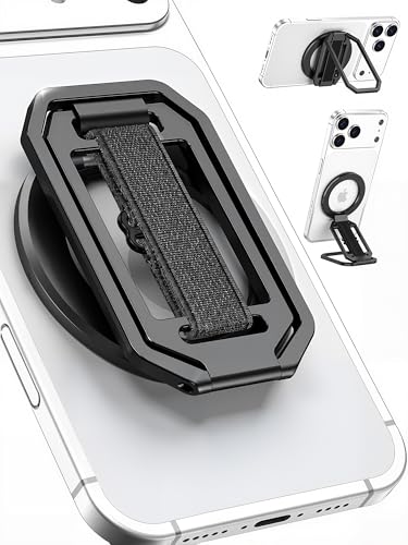 Ultra-Light & Durable Aluminum Phone Grip Stand for MagSafe, Finger Strap - color: Black (All-Aluminum)