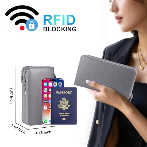 RFID Blocking Cellphone Wristlet Bag for Women Dual Zipper Travel Purse Large Capacity 17 Card Holder Ladies Phone Clutch with Removable Strap, Grey - color: Grey