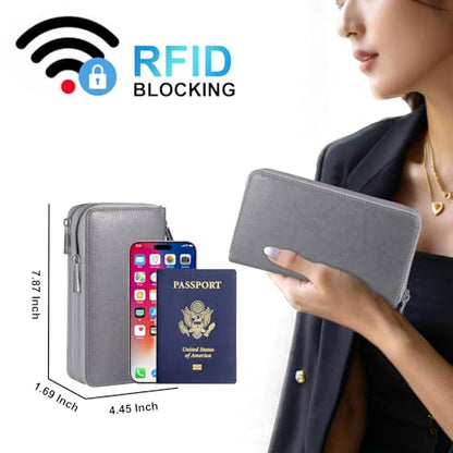 RFID Blocking Cellphone Wristlet Bag for Women Dual Zipper Travel Purse Large Capacity 17 Card Holder Ladies Phone Clutch with Removable Strap, Grey - color: Grey