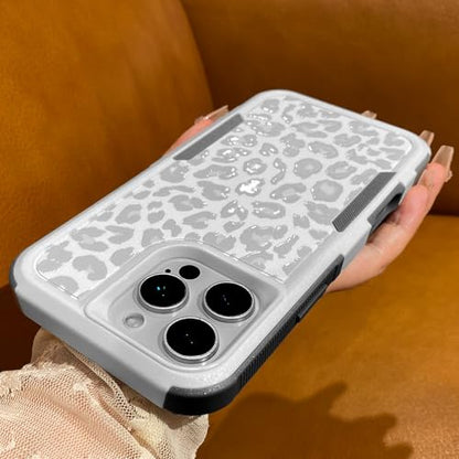 Cute White Leopard Light Gray Cheetah Case for iPhone 16 Pro Max | Heavy Duty Tough Rugged Full body Protection Shockproof Protective Phone Case for Women Girls - color: iPhone 16 Pro Max