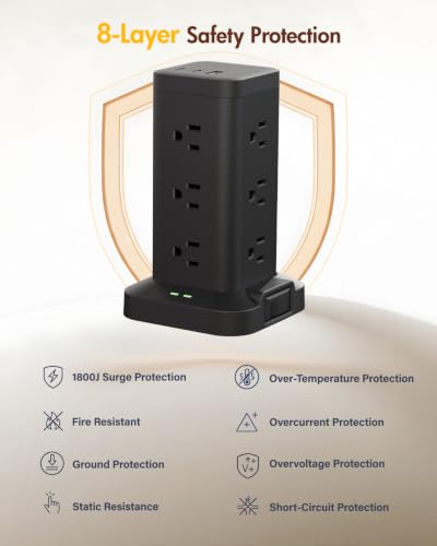 12AC 3USB Power Strip Tower Surge Protector 1800J, 10ft, Black, 1 - color: Black, size: 10ft