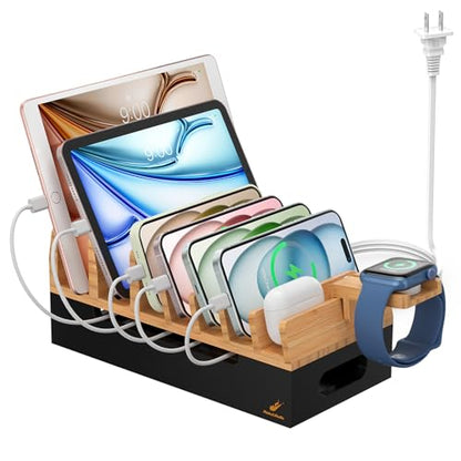 Bamboo Charging Station with 5 Port Charger HUB & 5 Cables- Natural + Black - color: Natural + Black