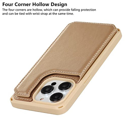 iCoverCase Compatible with iPhone 14 Pro Wallet Phone Case with Card Holder for Women, RFID Blocking Embossed PU Leather Wrist Strap Case 6.1 Inch (Macaron Gold) - color: P-Gold