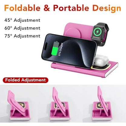 3 in 1 Foldable Charging Station for Apple Wireless Charger - color: Rose Pink