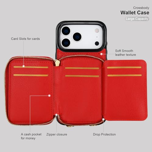 Bocasal Crossbody Wallet Case Card Holder for iPhone 17 Pro Max Red | RFID Blocking PU Leather Zipper Handbag Purse, Kickstand Flip Folio Case with Card Slots Holder Wrist Strap Lanyard 6.9 Inch - color: Red