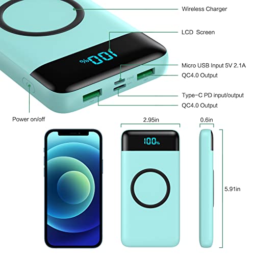 Wireless Portable Charger 30,800mAh,15W Wireless Charging USB C Power Bank,25W PD QC 4.0 Fast Charging 4 Outputs Travel Essentials Battery Pack Compatible with iPhone 17/16/15/14,Galaxy,Android-Green - color: Green