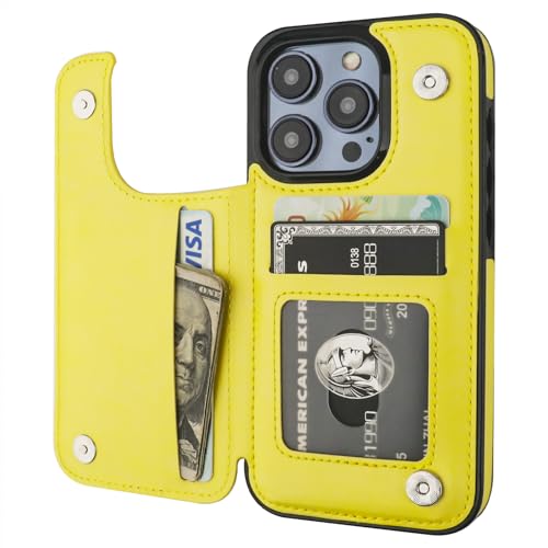 ONETOP for iPhone 15 Pro Wallet Case with Credit Card Holder,Yellow | Kickstand,ID/Cash Holder,Case Wallet with Card Slots,Double Magnetic Clasp,Durable PU Leather Shockproof Cover for Women Men - color: Yellow
