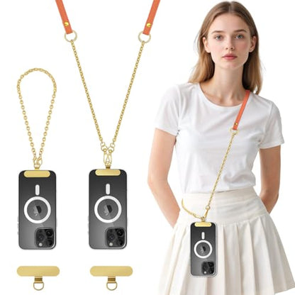 MoKo Universal Phone Crossbody Lanyard Phone Chain, Anti-Theft Adjustable Cellphone Cross Body Neck Strap & iPhone Wrist Strap with 2×Metal Tether Tabs for iPhone 17, Most Smartphones, Orange&Gold - color: Orange&gold