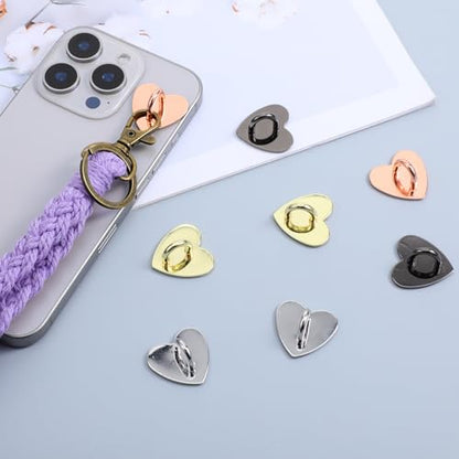 8 PCS Heart Charm Hook 4 Color Metal Phone Finger Hook Adhesive Cell Phones Ring Holder Heart-Shaped Sticky Grip Loop Smartphones Accessories Charm Loop Stand Keychain Ring for DIY Hanging