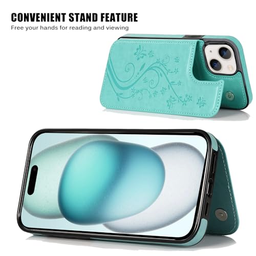 Wallet Case Compatible with iPhone 15,Slim Protective case with Card Holder,Premium PU Leather Kickstand Card Slots with Double Magnetic Clasp for iPhone 15(6.1")-Green Butterfly - color: Green