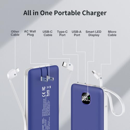 Portable Charger 10000mAh 22.5W Power Bank,Built-in 3 Cables & AC Wall Plug - color: Navy