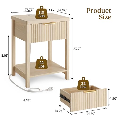 Night Stand Set 2, Fluted Wood Nightstands w/Charging Station for Bedroom - color: Natural Oak, size: 1 Drawer-Set of 2 Nightstand
