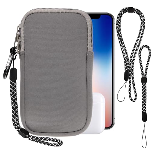 Pwsap Phone Sock, Universal Shock & Impact Resistant Neoprene Pouch with Carabiner and Lanyard Strap Sleeve Case for Hiking & Travelling Phone Bag Fits Phones up to 7 Inches, Light Gray, M - color: Light gray, size: M