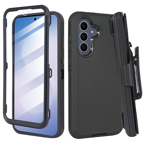 Compatible for Samsung S25 FE, Built in Screen Protector, Belt Clip Holster Heavy Duty Defender Case Dustproof Shockproof Protection (Black) - color: Black