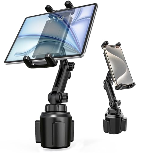 Cup Holder Tablet Mount for Car, iPad Cup Holder Mount for Truck with Adjustable Arm, Car Cup Tablet Holder for iPad Pro 12.9, Air, Mini, iPhone, Galaxy Tab/Z Fold, 4.7-13" Tablets