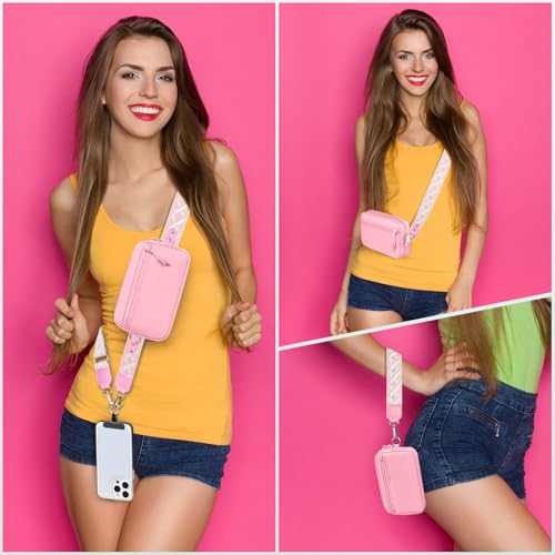 YFWE Clip and Go Strap for Phone with Wallet Crossbody, Adjustable Phone Lanyard with Detachable RFID Wristlet Wallet, Pattern Strap - Pink(L) - color: Pink-pattern Strap, size: Large