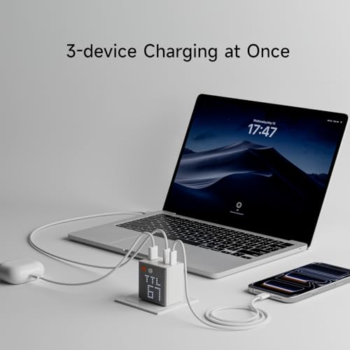 SHARGE 67W USB C Charger, 3-Port USB-C GaN Wall Charger Block with Dot Matrix Display, PD3.0 Laptop Charger Fast Charging for MacBook Air, iPad, iPhone 17, Foldable and Compact for Travel