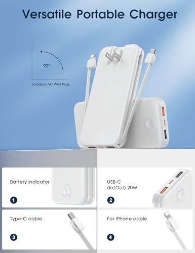 Nusyddy Portable Charger 10000mAh Fast Charging w/Built-in Wall Plug White - color: Ivory