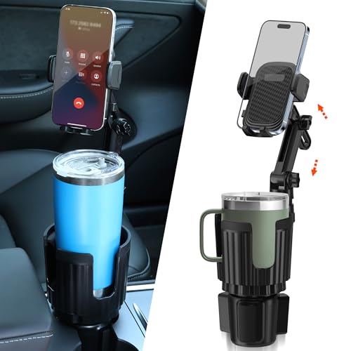 Newlest 2 in 1 Phone Mount for Car Cup Holder with Adjustable Base, Holders for Car Cupholder, No Shaking 360° Flexible Neck Phone Mount for All 4-7” Smartphones, Cup Holder for Most Bottles