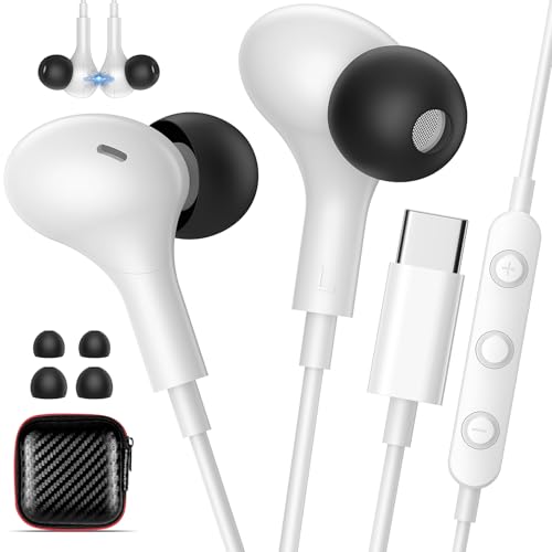 USB C Earbuds with Microphone Cute in Ear Wired Headphone - color: White Black