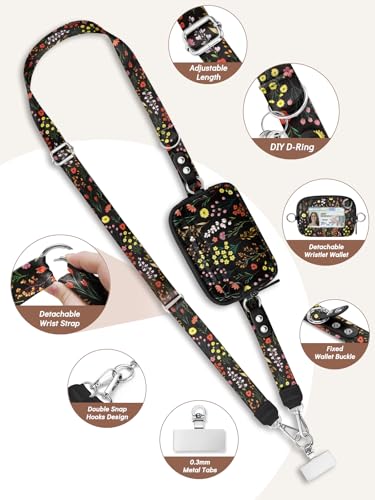 Clip and Go Strap for Phone with Wallet Crossbody Lanyard Bloom - color: Flowers Black