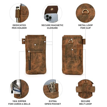 Leather Village Genuine Leather 7”x3.5” Phone Holster Pouch with Belt Clip, Magnetic Closure, ID Card Holder - Brown Universal Case for iPhone, Samsung Galaxy, Google Pixel - color: Distressed Brown