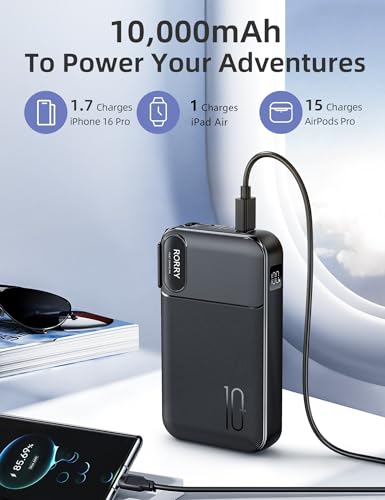 RORRY Portable Charger 3 in 1 with Wall Plug 10000mAh Power Bank for iPhone - color: Black